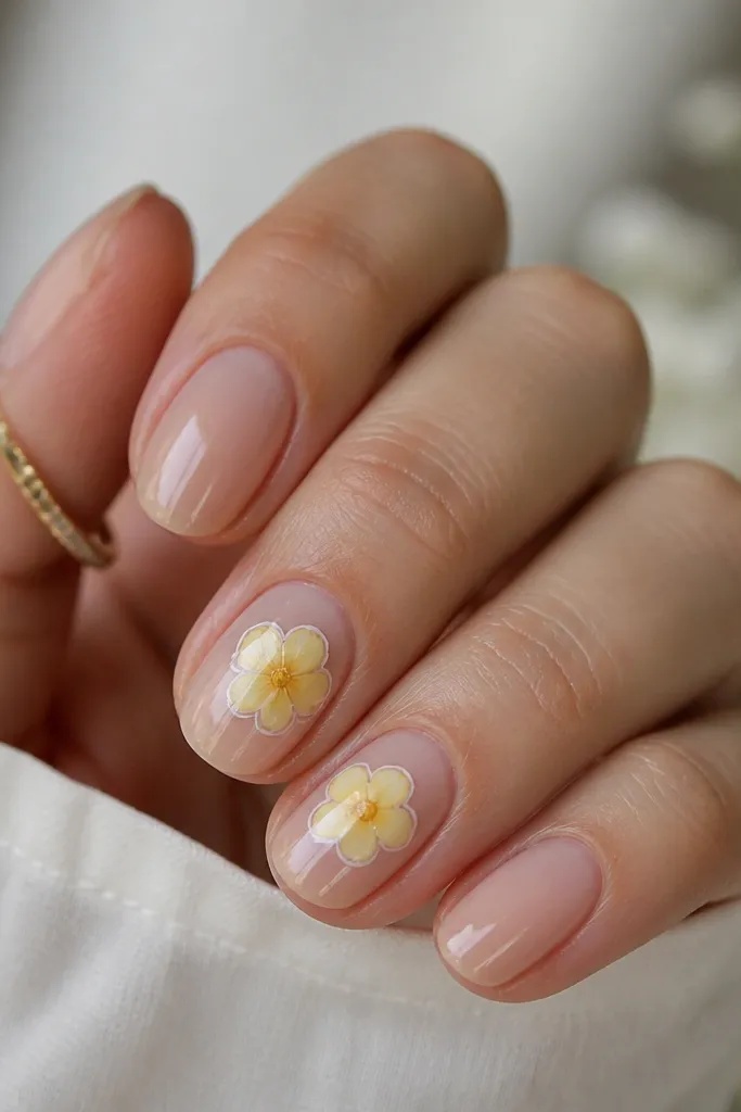 Sheer nude nails with light yellow floral decals on the ring and middle fingers. A thin white frame outlines each decal like a border. Glossy top coat covers everything.