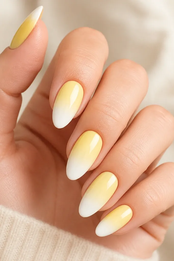 Nails start sheer near the cuticle, fade into pastel yellow mid-nail, then blend into white at the tips. The gradient is smooth and glossy.