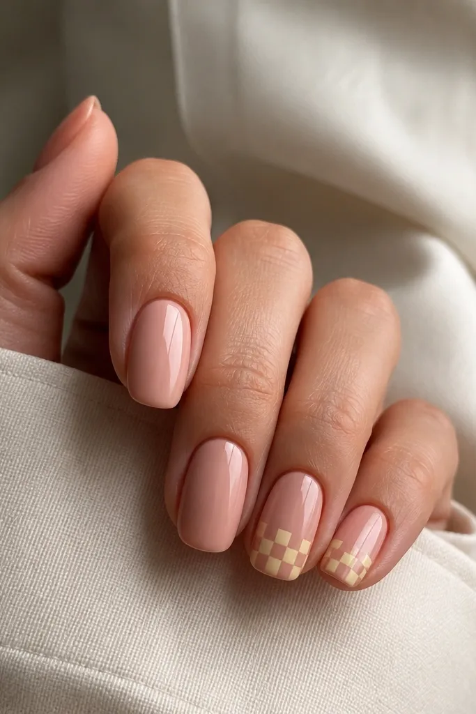 Most nails are nude and glossy. Two accent nails have a small checkerboard pattern in light yellow and nude squares near the tip, with clean lines.