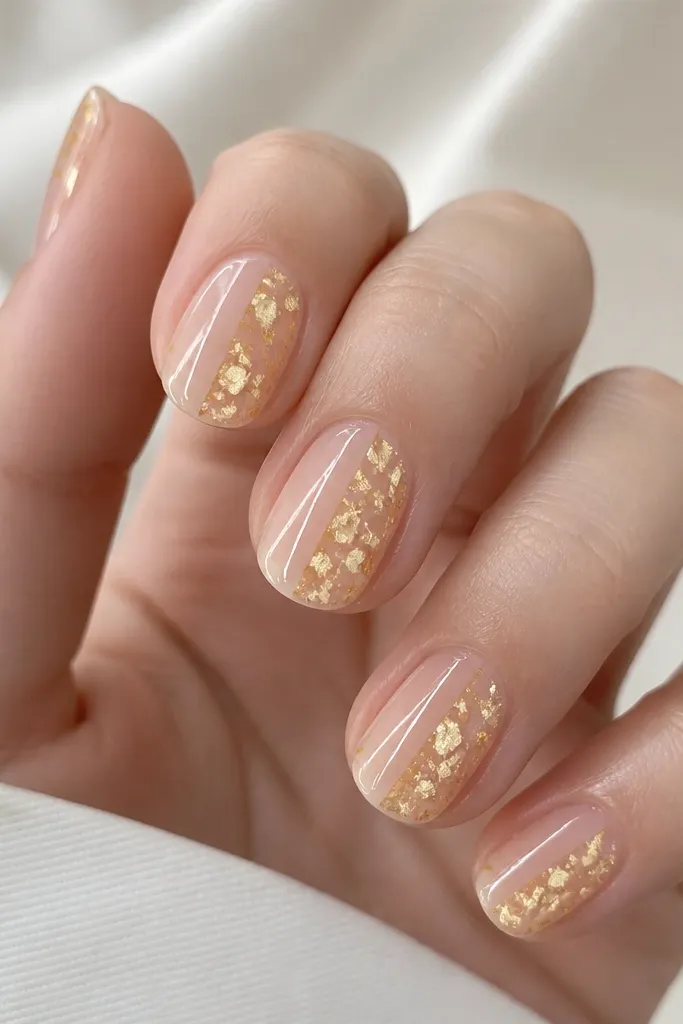Half of each nail is clear and glossy, split by a vertical line. The other half has light yellow foil flakes scattered, with irregular shiny pieces and a smooth top coat.