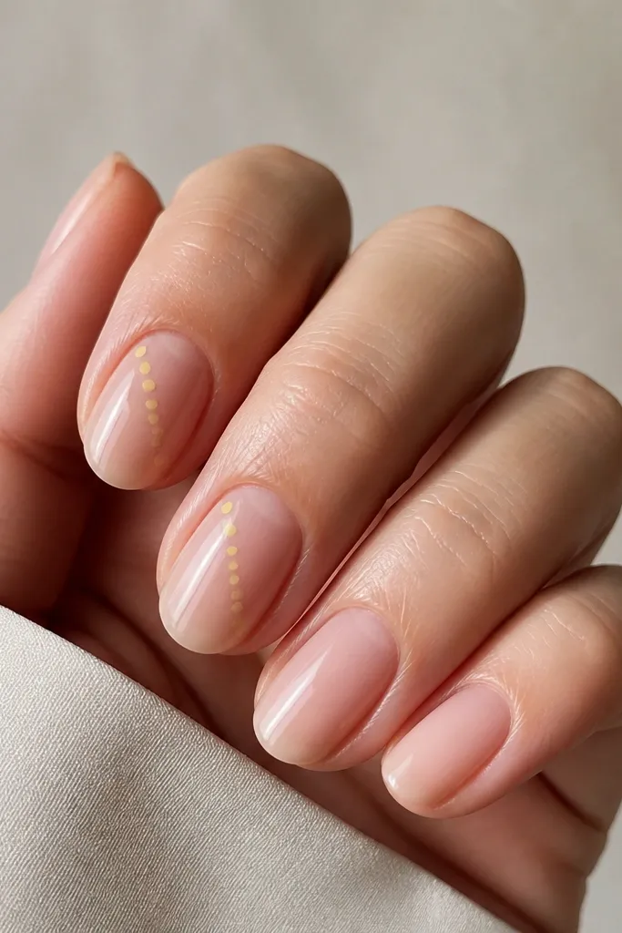 Nude nails with a glossy finish. On the index and middle fingers, a diagonal trail of three to five light yellow dots runs from near the cuticle toward the side of the tip.