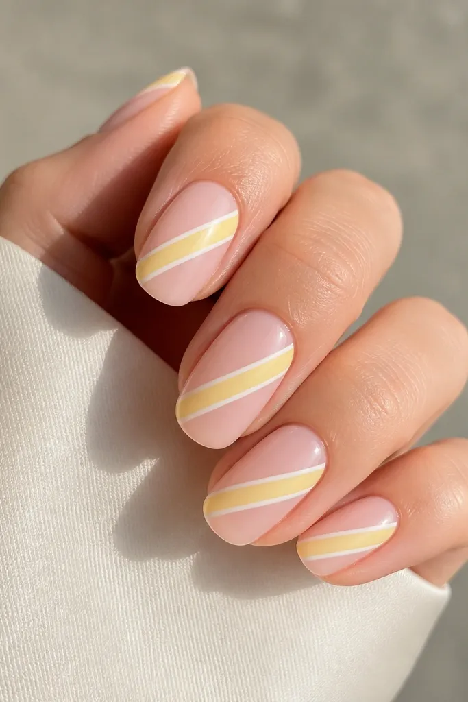 Nails are a sheer pink nude base. Two diagonal candy stripes in light yellow run across the nail, separated by very thin white lines. Glossy top coat makes the stripes look smooth.