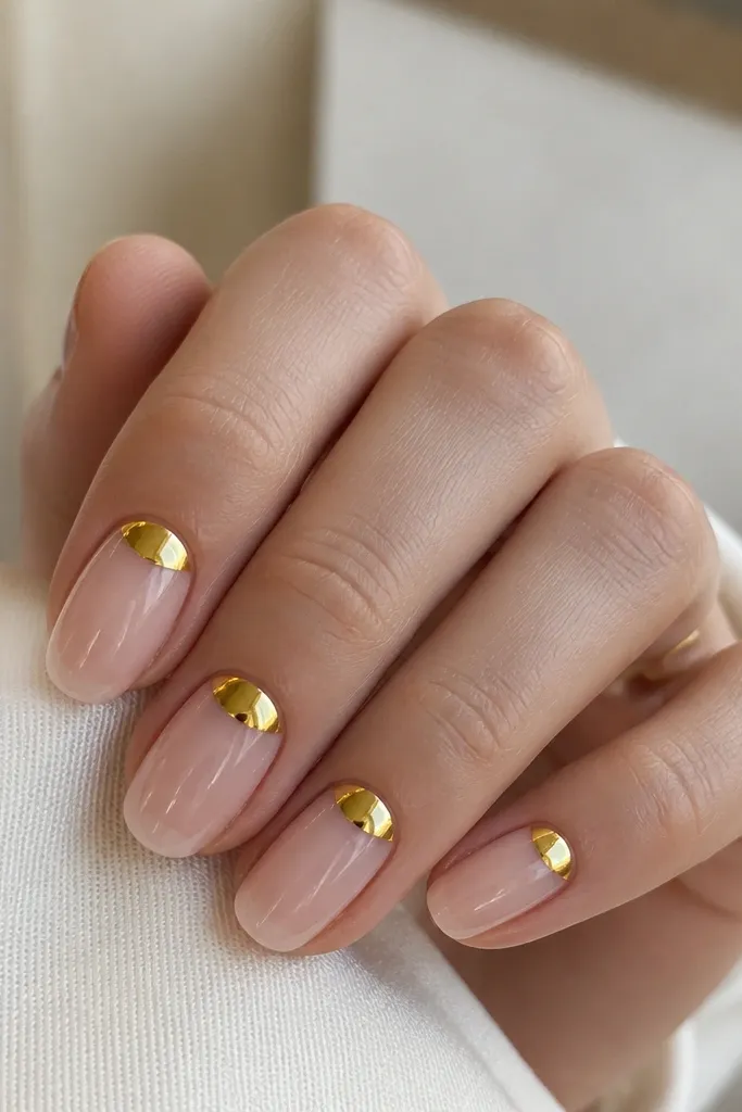 Clear or sheer nude nails with a half-moon at the cuticle made from bright yellow chrome. The chrome has a mirror finish, while the rest of the nail stays glossy clear.