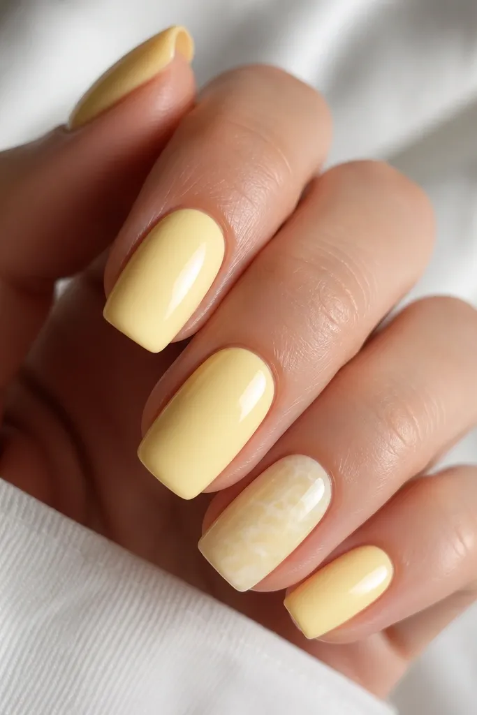 Four nails are pastel yellow solid and glossy. One nail on the hand is milky marble with pastel yellow base and white veins. The set looks coordinated but not identical on every nail.