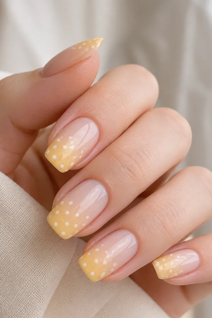 Nails start sheer near the cuticle and fade into light yellow toward the tips. Over the yellow area are small white polka dots that get fewer as they approach the cuticle. Glossy finish.