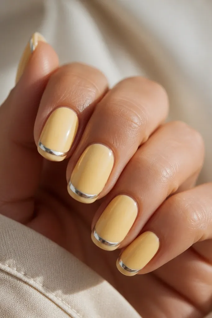 Five nails shown: pale lemon-curd French tips with a thin mirror chrome outline tracing the smile line; the rest of each nail is glossy light yellow, chrome looks like a bright silver halo at the tips.