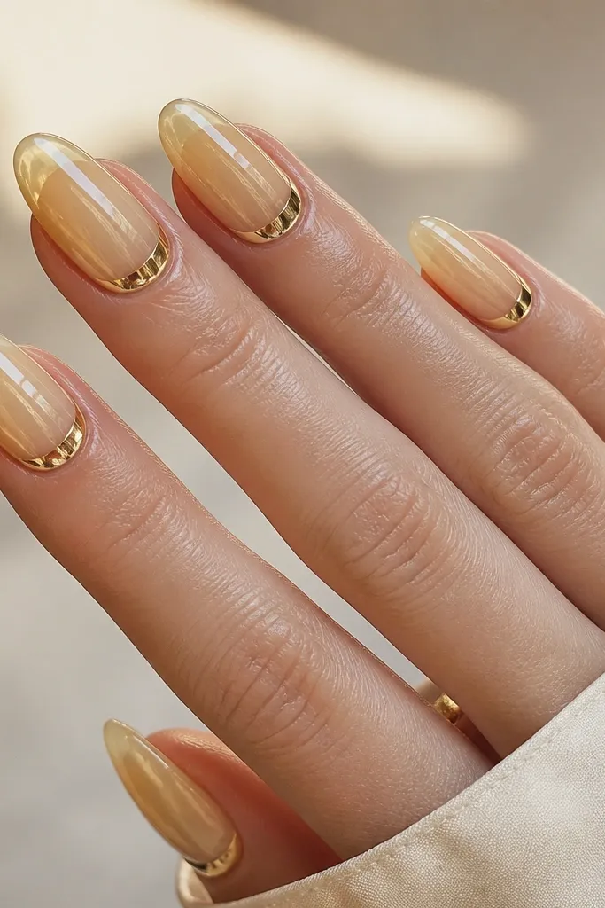 Nails are translucent jelly light yellow; each nail has a crisp chrome half-moon at the cuticle area like a silver crescent, with glossy clear shine across the rest.