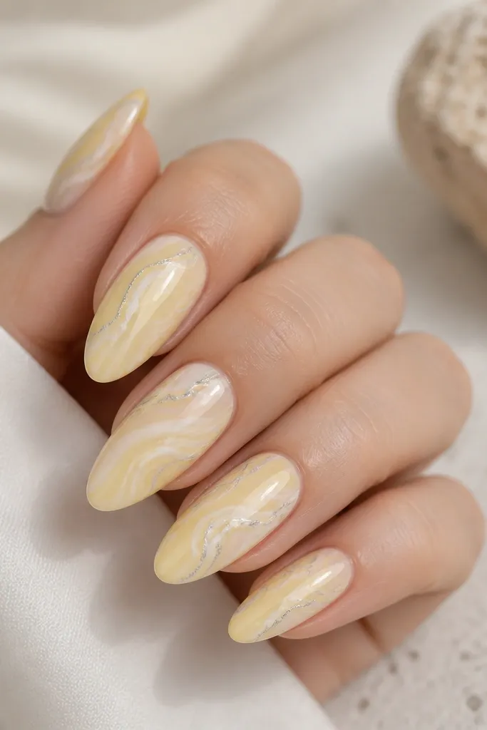 A soft marble pattern across the nails: light butter yellow swirls with thin silver chrome streaks like veins; the overall finish is high-gloss and smooth.