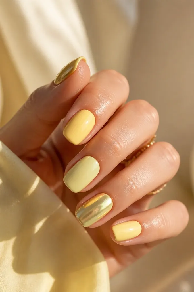 Most nails are matte-like or satin pale yellow, while two accent nails have a bright silver chrome sunbeam streak pattern radiating from the center; the chrome nails look glossy mirror.