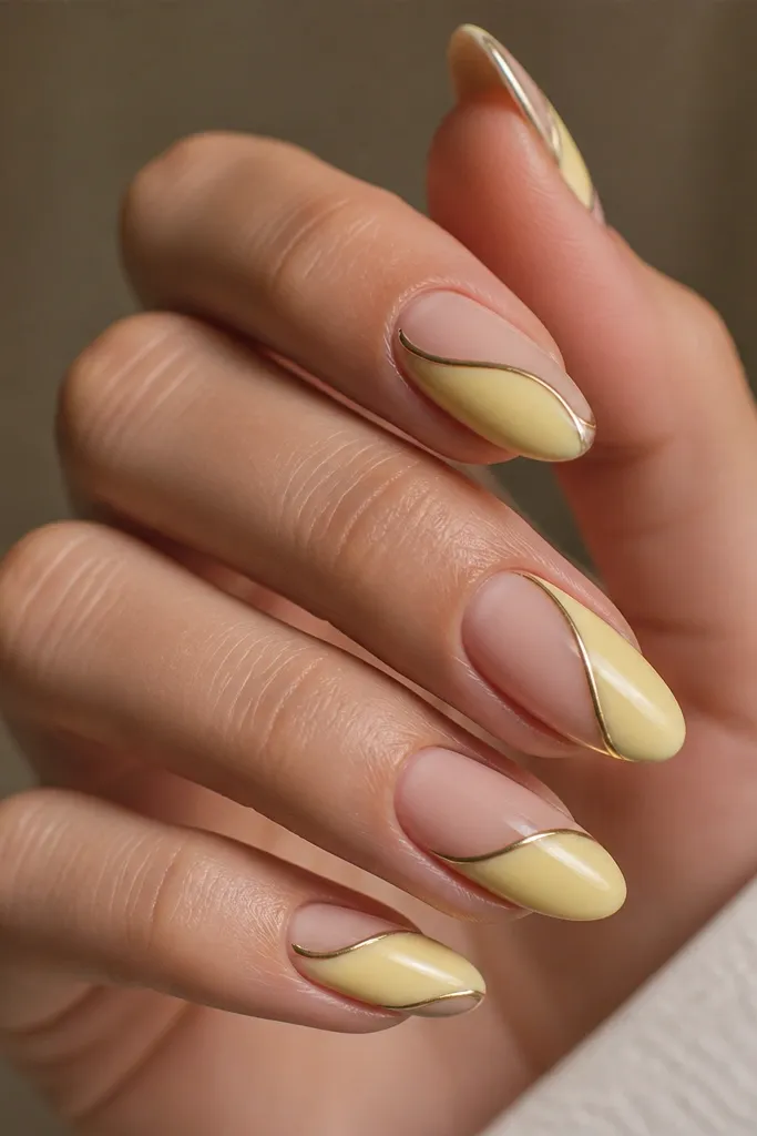 Nails show a clear negative space middle with light yellow surrounding it; a silver chrome outline traces the negative space shape, leaving the center mostly transparent.