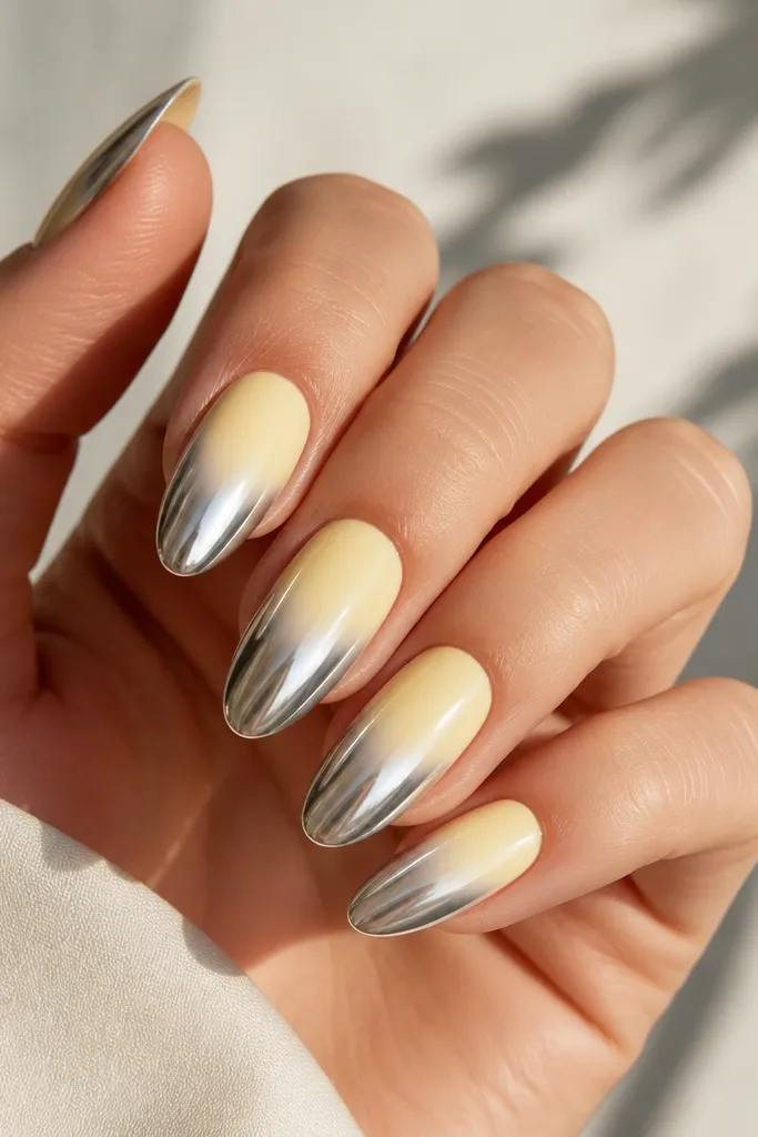 A smooth gradient: pale yellow fades into intense silver chrome at the tips; the transition is soft and glossy with mirror shine only near the ends.