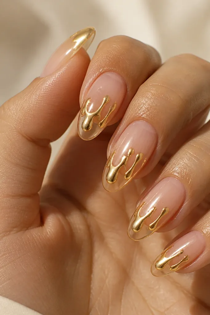 Clear glossy base with a light butter yellow background; silver chrome drip lines descend from the middle toward the lower nail, ending in small rounded drops.