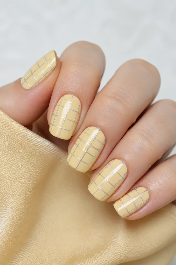 Pale yellow nails with thin silver chrome plaid lines forming small squares; the plaid is crisp and evenly spaced, glossy finish.