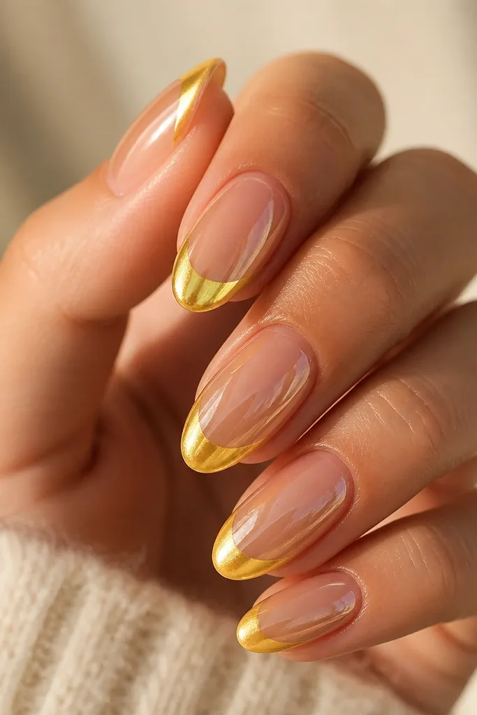 Thick jelly-like smile line in pale yellow with silver chrome embedded along the smile; the rest of the nail is glossy clear with a soft yellow tint.