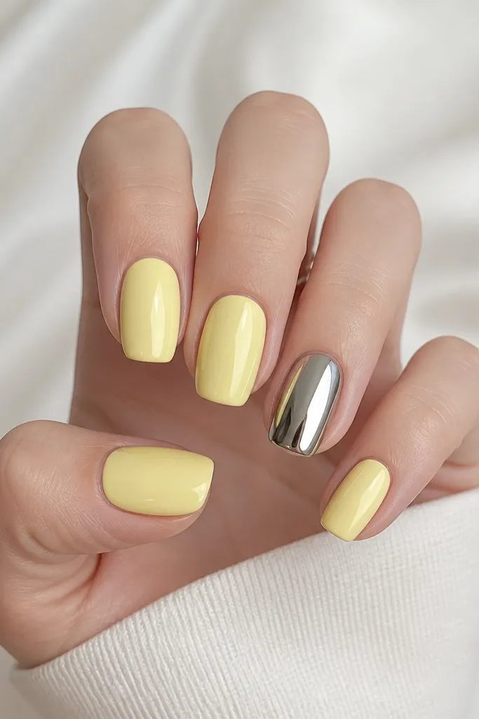 Four nails are glossy pale yellow with a glassy finish; one nail (ring finger) is full mirror silver chrome, perfectly smooth and reflective.