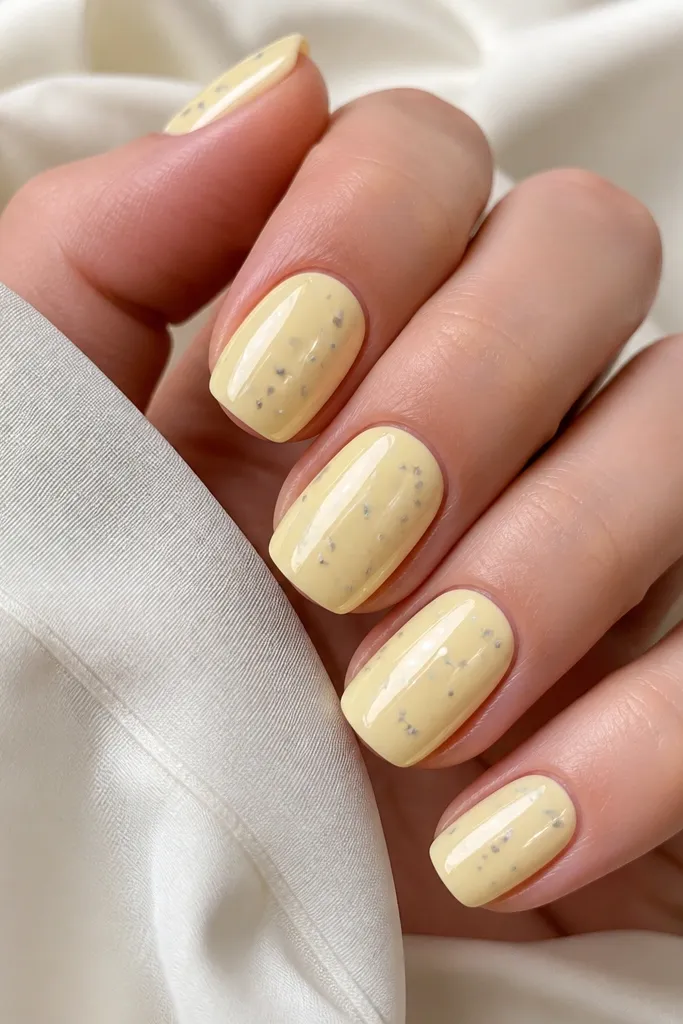 Glossy light yellow nails with scattered tiny silver chrome confetti pieces shaped like micro squares; the pieces look like foil fragments under a clear top coat.