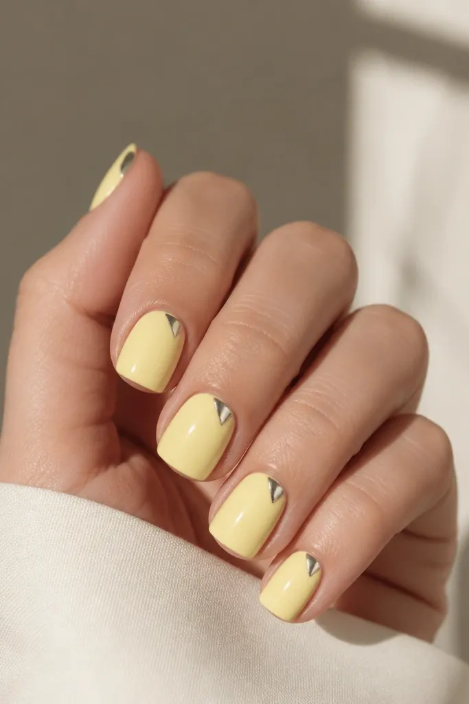 Short square nails in glossy light yellow; each nail has a silver chrome triangle corner at the top outer edge, like a corner bookmark.