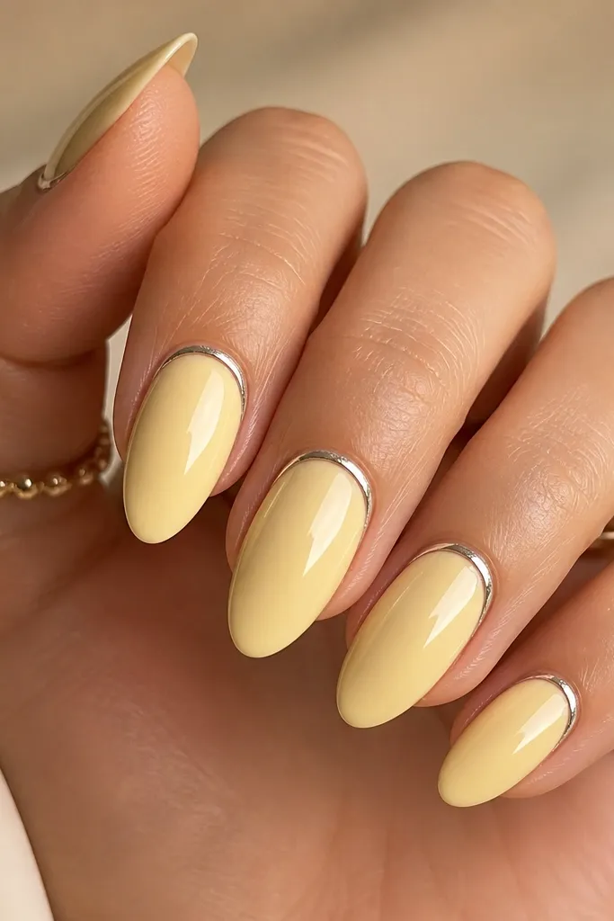 Pale yellow nails with a full silver chrome ring around the cuticle area, almost like a bracelet halo; the ring is smooth and continuous with a glossy finish.