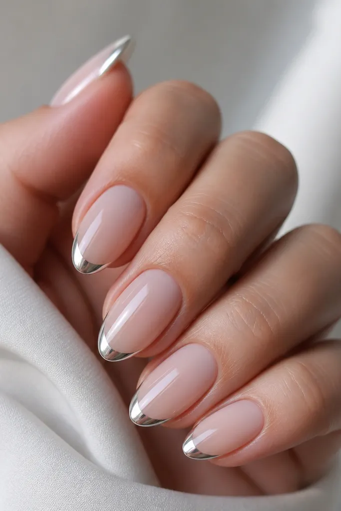 Close-up of short almond nails. The base is milky nude. The tips fade upward in a smooth gradient, then the very top edge is a crisp mirror silver chrome line that reflects like a mirror. Clean cuticle line and glossy topcoat.