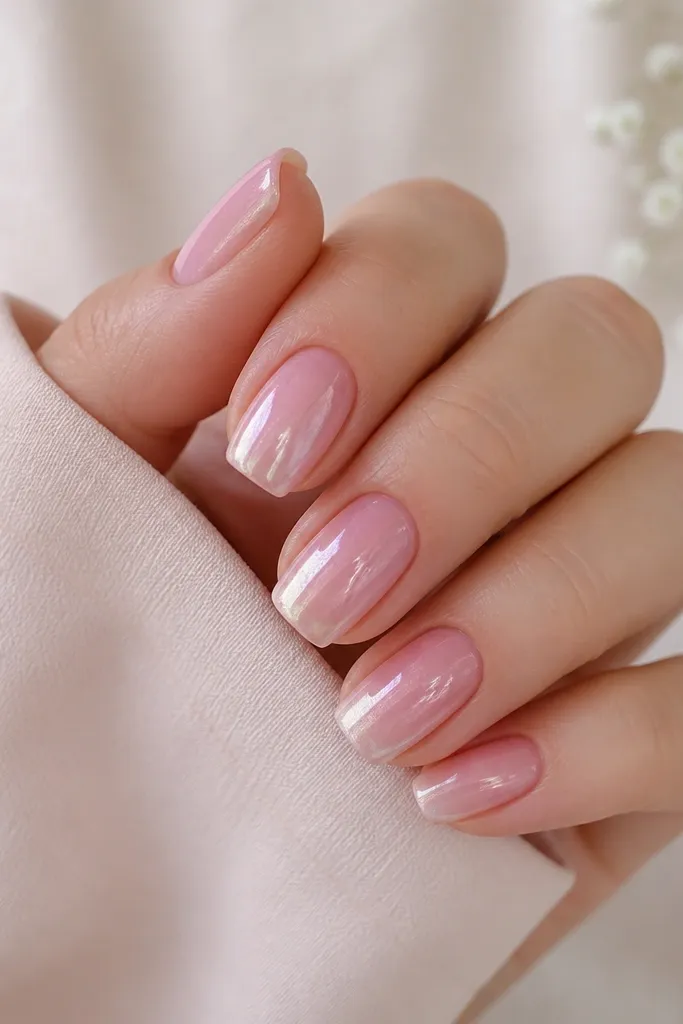 Medium length square nails. A soft rose-pink base fades into a lighter pink toward the tips. The tips have a pearly chrome sheen that looks like champagne under light, not mirror-bright. Glossy finish, subtle smile line.