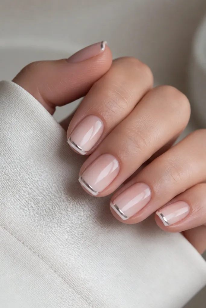 Short squoval nails. Base is translucent pink. Tips fade from icy white at the edge into barely-there pink. A thin steel gray chrome line sits exactly at the top of the fade, like a crisp border.