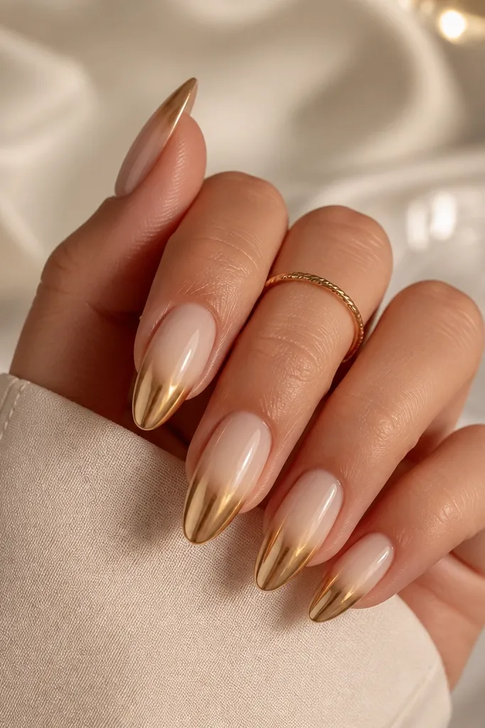 Almond nails with a champagne nude base. Tips fade upward in a warm creamy ombre. The top of the tip has a gold mirror chrome that reflects warm highlights. High gloss finish.