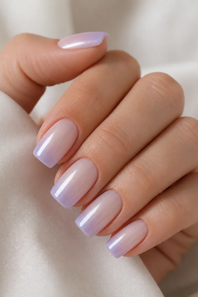 Medium square nails. The base is milky pale pink. Tips fade from a soft lavender at the edge into a light milky center. Silver pearl chrome covers the blended tip area with a soft, pearly sheen.