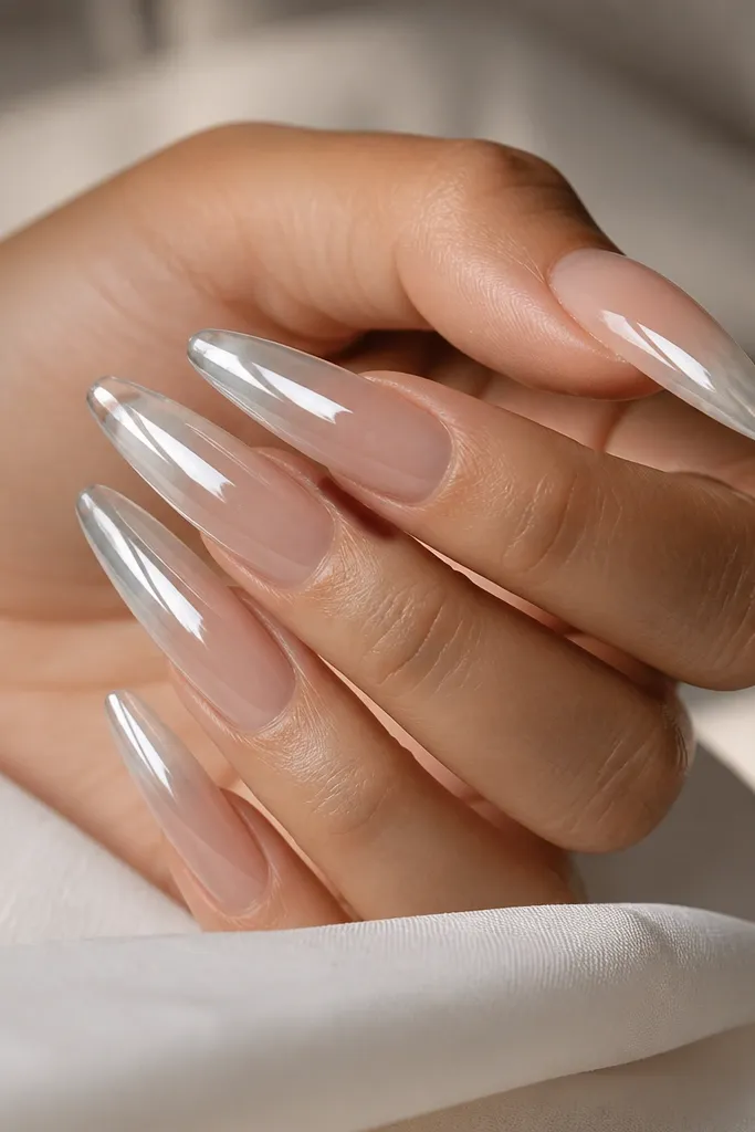 Long tapered nails with a clear jelly base. The tips fade from translucent white to a mirror silver chrome that looks like it's suspended in jelly. Glassy shine, no heavy color blocks.