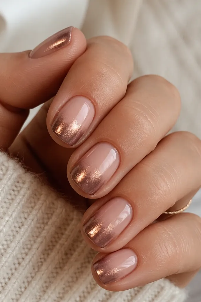 Short round nails. Base is soft nude. Tips fade into taupe-gray. Rose gold mirror chrome sits across the top of the ombre, forming a warm metallic glow.