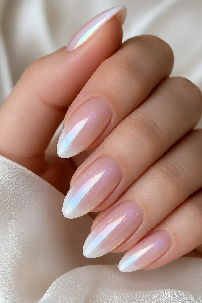 Almond nails. Base is sheer pink. Tips fade from clean white at the edge into a soft sheer middle. Iridescent chrome powder creates a rainbow shift, mostly silver with hints of pink and blue. Glossy topcoat.