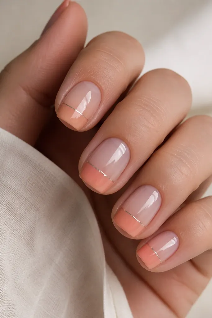 Square short nails. Base is sheer nude. Tips fade in a peach-to-milky gradient. A thin mirror chrome line runs horizontally near the top of the fade, like a waterline. Glossy finish.