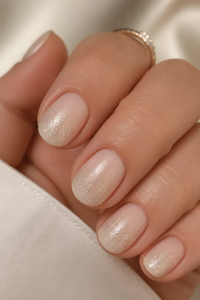 Short oval nails. Base is creamy nude. Tips fade from cream to sheer. Instead of full coverage chrome, there are fine holo chrome speckles concentrated near the tip. Glossy topcoat.