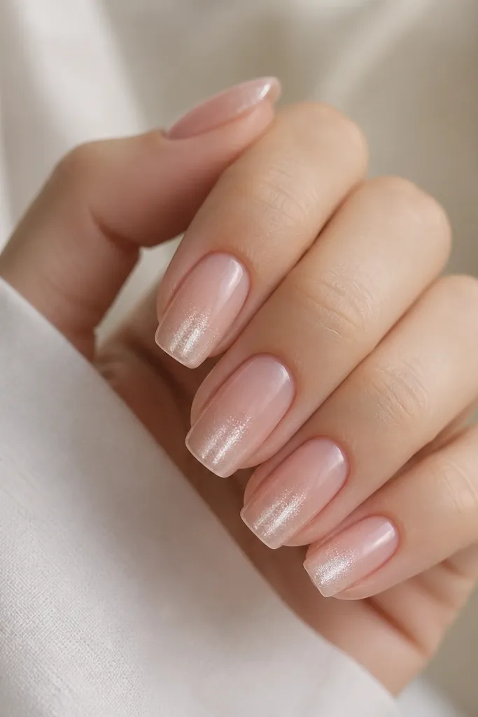 Medium squoval nails. Blush pink base fades into a lighter blush at the tips. Rose chrome shimmer concentrates on the fade area like a soft metallic veil. No sharp chrome border.