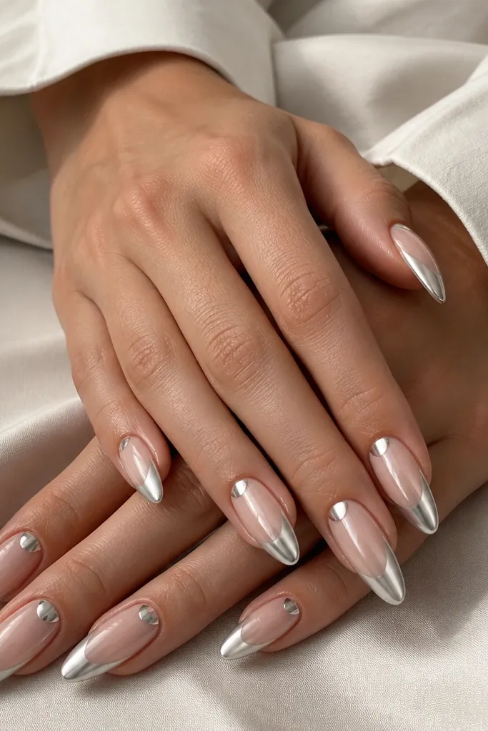 Almond nails with a sheer nude base. The tips fade from white to silver chrome near the top. A small silver chrome half-moon sits close to the cuticle on each nail, clean and symmetrical. Glossy finish.