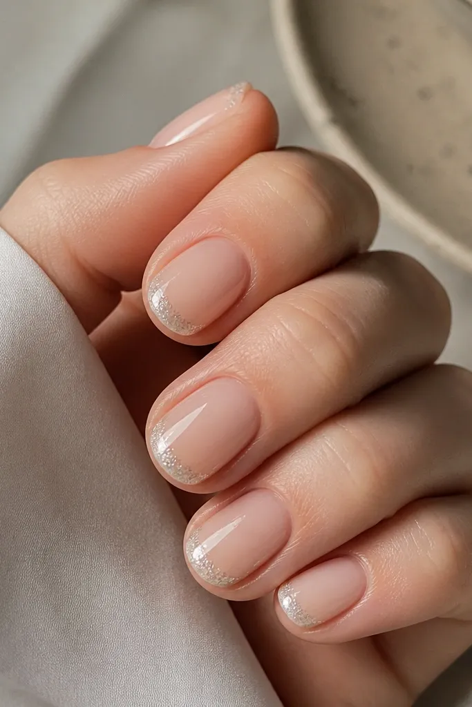 Short round nails. Beige nude base fades into a lighter beige at the tip. Instead of full chrome powder, there are tiny micro chrome flakes scattered at the very tip, mostly concentrated at the edge. Glossy finish.