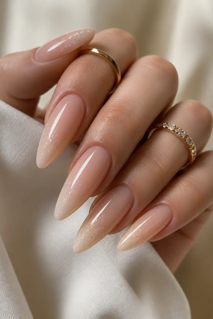 Long tapered nails with a skin-tone nude base. Tips fade into a slightly lighter nude. Over the ombre zone is a clear jelly layer with subtle chrome particles that catch light, not a full metallic coating. Very glossy.