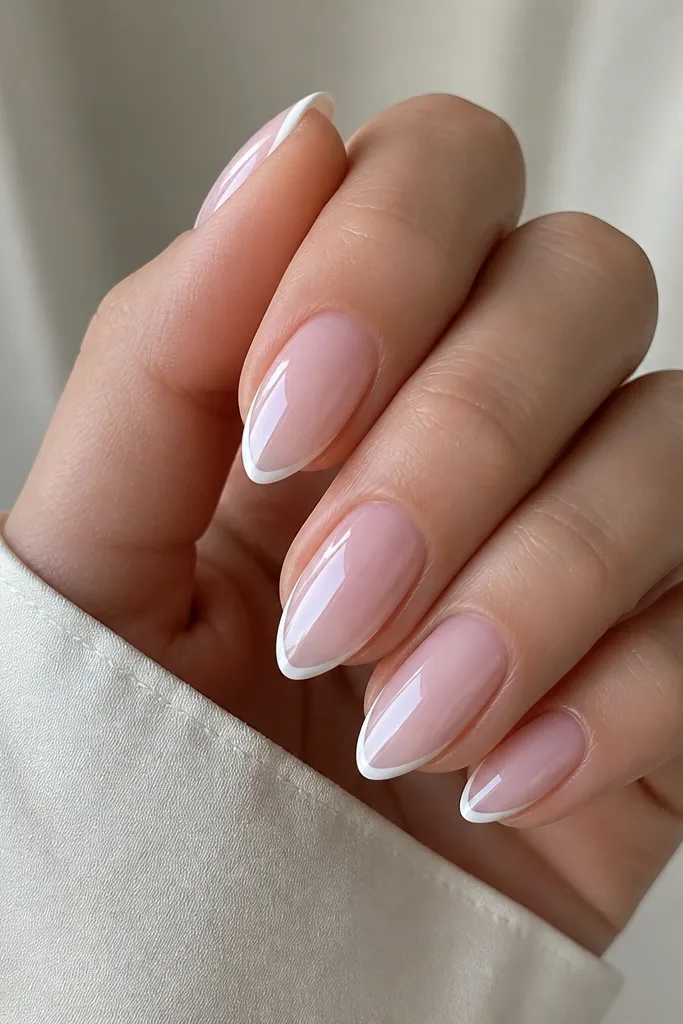 Short stiletto nails with a sheer milky pink base and ultra-thin white micro French tips, glossy finish, natural-looking cuticles.