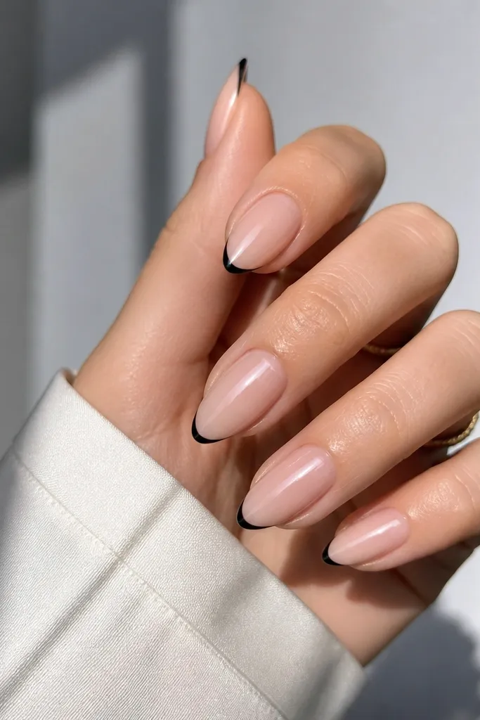 Short stiletto nails with a sheer nude base and razor-thin black micro tips, glossy finish, clean cuticle edges.