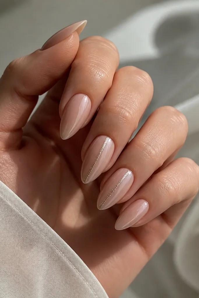 Short stiletto nails in pearlized nude; on two nails there's a single vertical shimmer stripe down the side, glossy top coat.