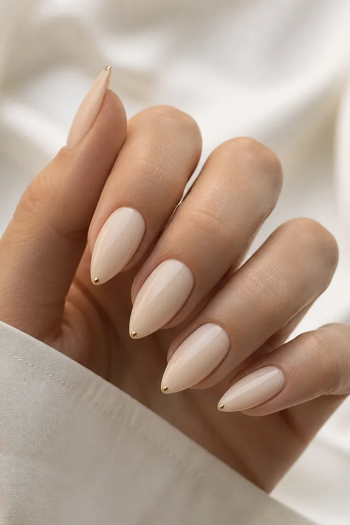 Short stiletto nails in creamy vanilla nude; gold dot accents sit at the center of each tip, glossy finish.