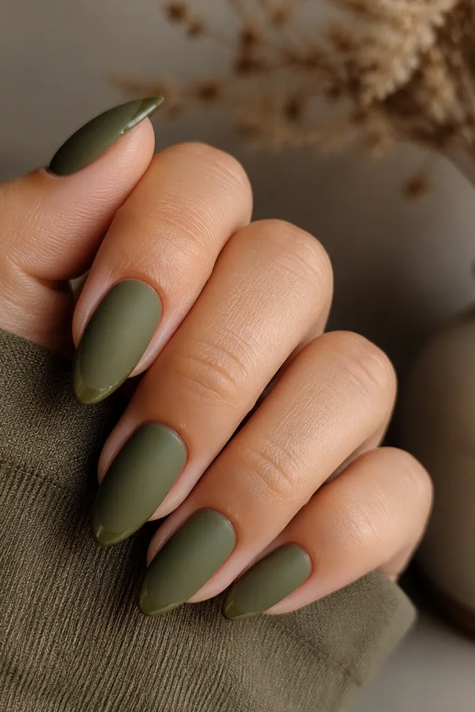 Short stiletto nails in olive green matte finish; the very tip edge has a thin glossy line, creating a two-tone look.