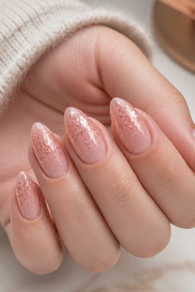 Short stiletto nails with a clear pink base; rose gold foil flakes are concentrated near the cuticle and fade outward, glossy finish.
