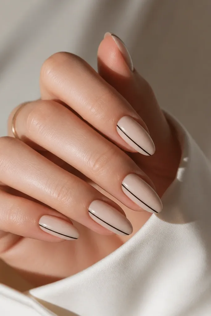 Short stiletto nails in ivory nude; thin black lines run down one side of each nail, glossy finish.