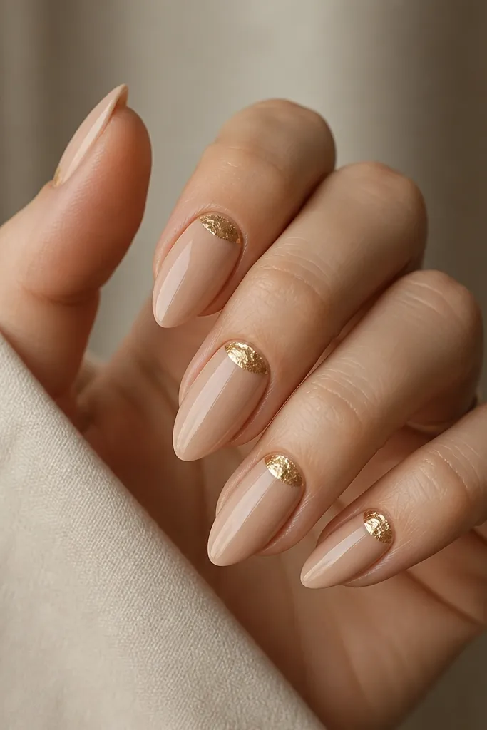 Short stiletto nails in champagne nude; gold foil half-moon shapes sit near the cuticle on each nail, glossy finish.