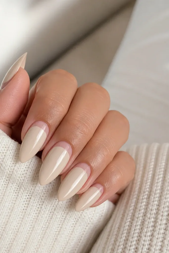 Short stiletto nails in soft beige; reverse French at the cuticle in nude pink, glossy finish, clean contrast.