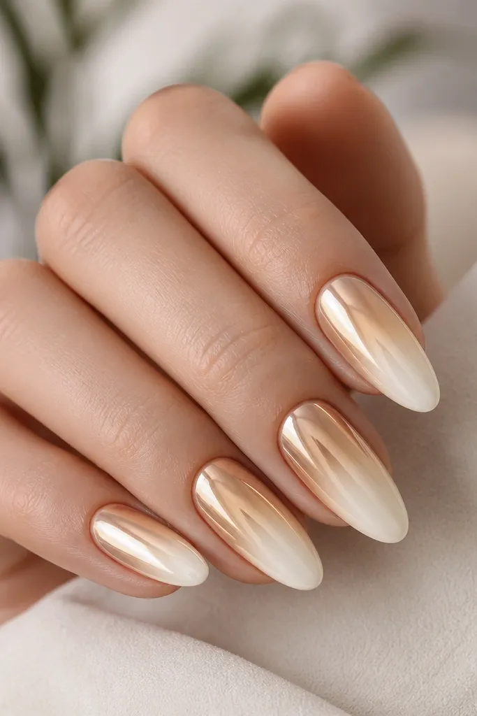 Ten nails with a smooth ombre from warm champagne near the cuticle to creamy ivory at the tips; a full mirror chrome overlay makes the gradient look like polished metal-glass.