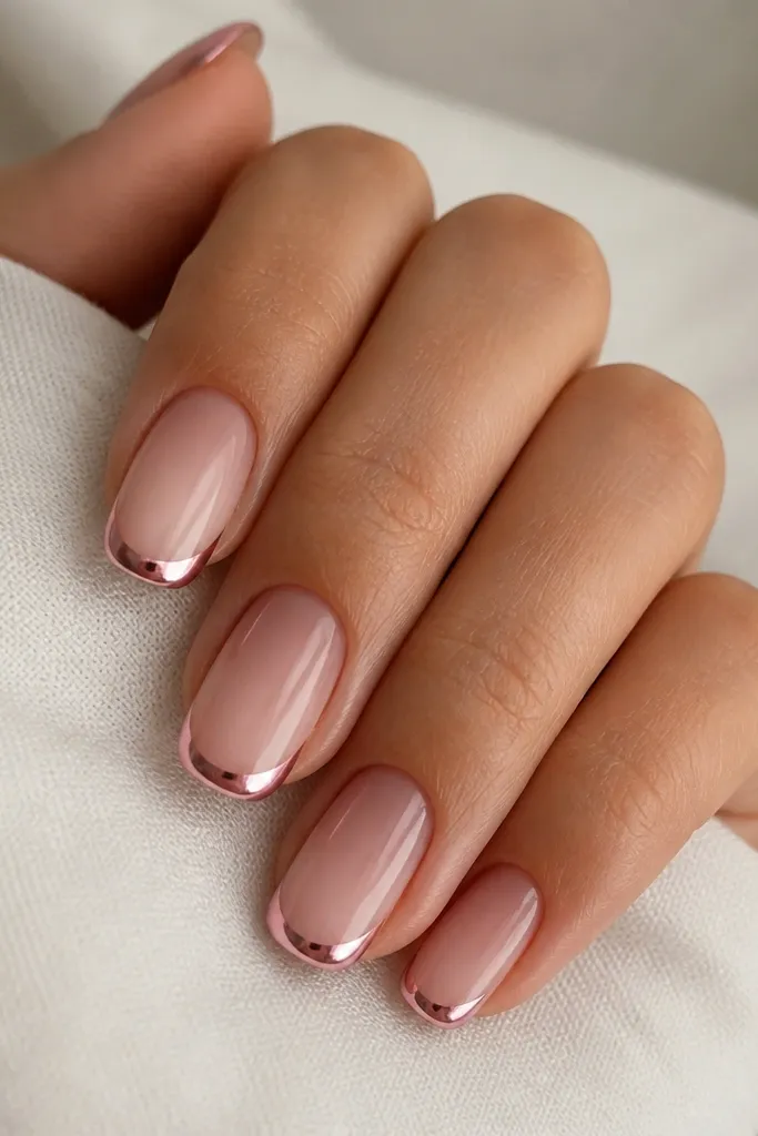 Nails fade from soft dusty rose near the cuticle into a pale blush at the tips, with only the tip area covered in pink chrome that creates a bright reflective edge.