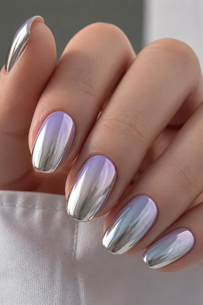 A cool ombre transitions from icy lilac at the cuticle to near-clear at the tip, then a bright silver mirror chrome covers the whole nail so the gradient flashes under light.