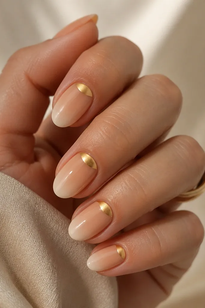 Nails fade from peachy nude at the cuticle to creamy beige at the tips, with gold chrome concentrated in a curved half-moon band near the cuticle.