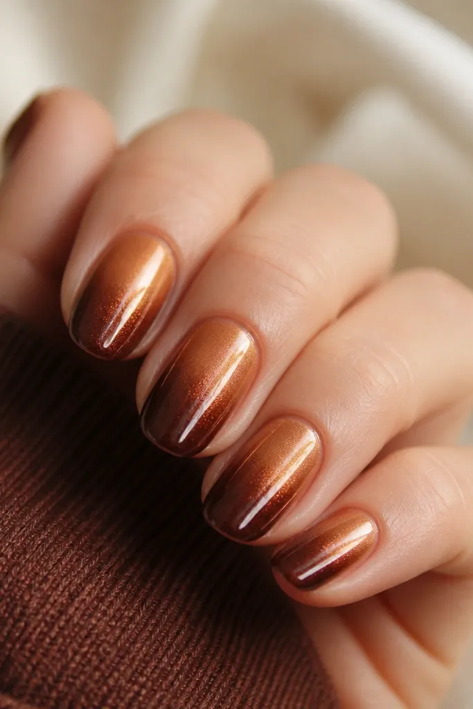 A warm brown ombre transitions from caramel near the cuticle to mocha at the tips, covered with copper chrome that gives a fiery metallic sheen.